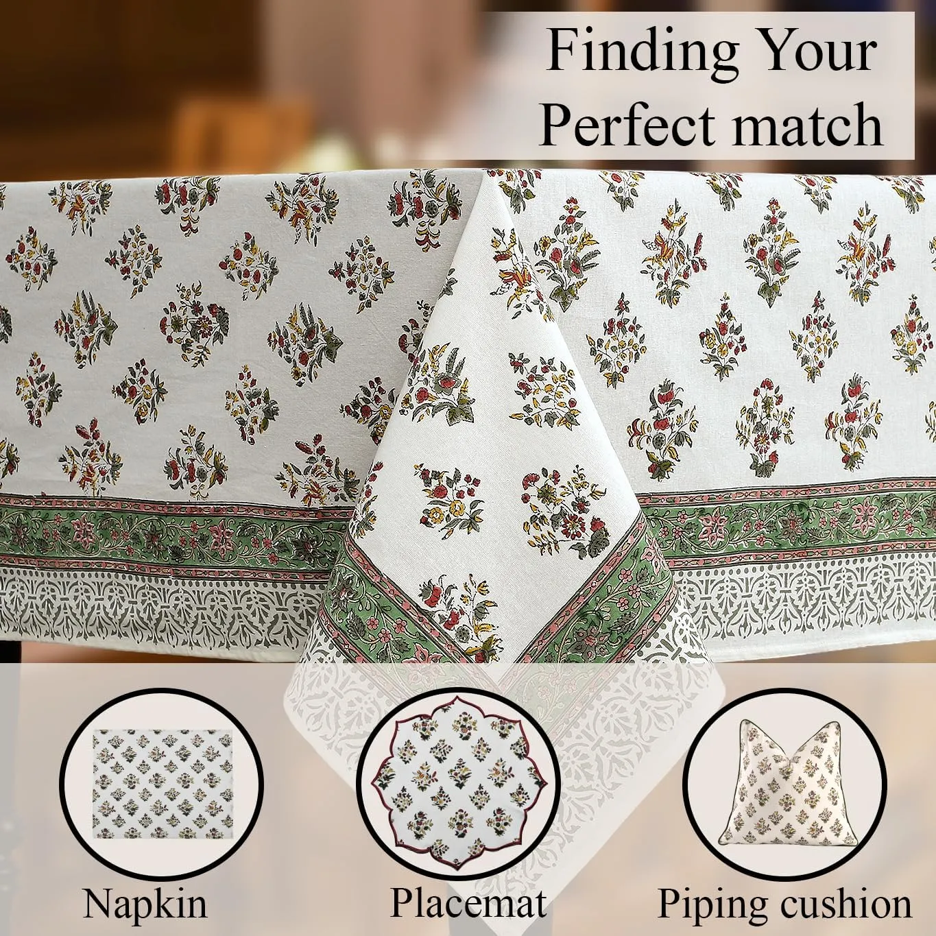 CPC Tablecloth 100% Cotton 70x108 Inch Indian Block Print Rectangle Table Cover, Green Table Cloth for Weddings, Spring/Summer Barbeque - Forest Green