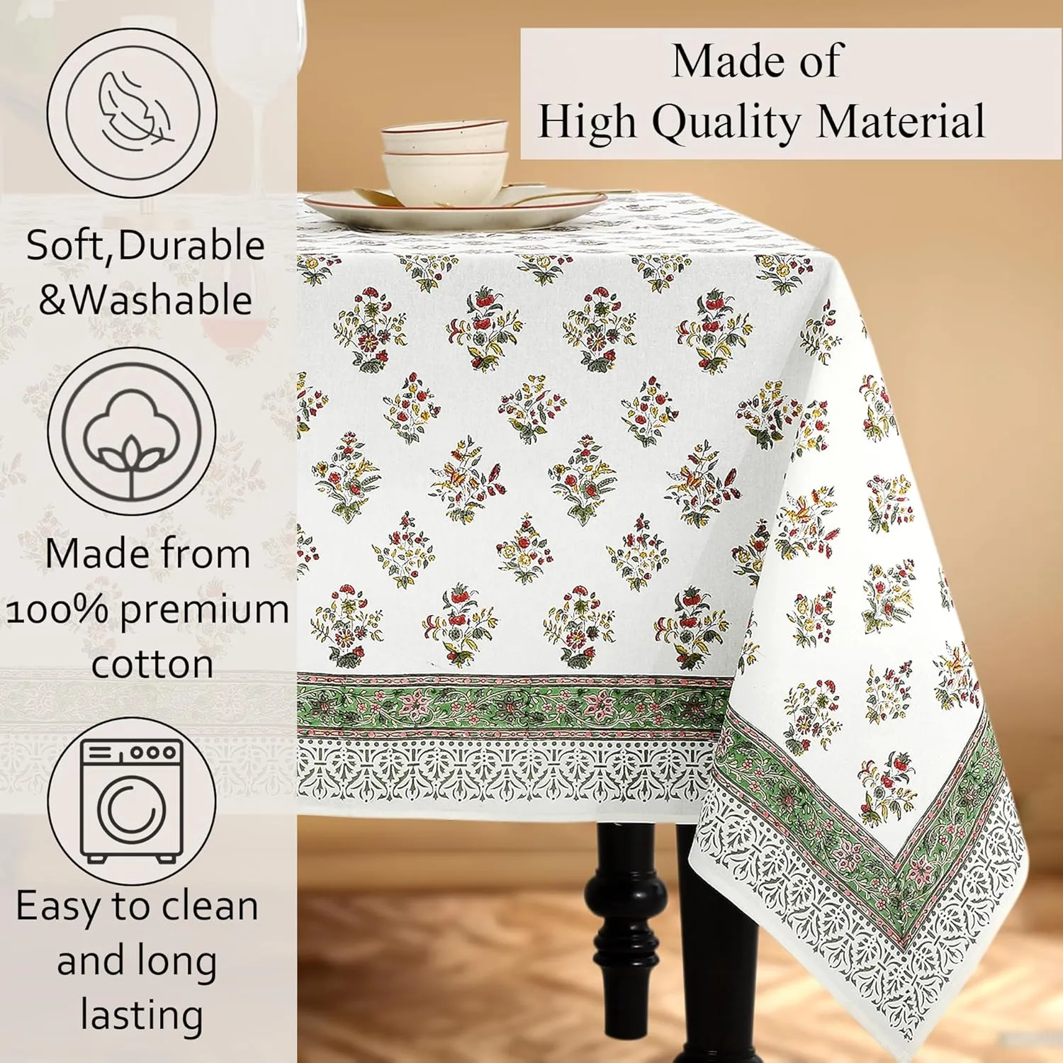 CPC Tablecloth 100% Cotton 70x108 Inch Indian Block Print Rectangle Table Cover, Green Table Cloth for Weddings, Spring/Summer Barbeque - Forest Green