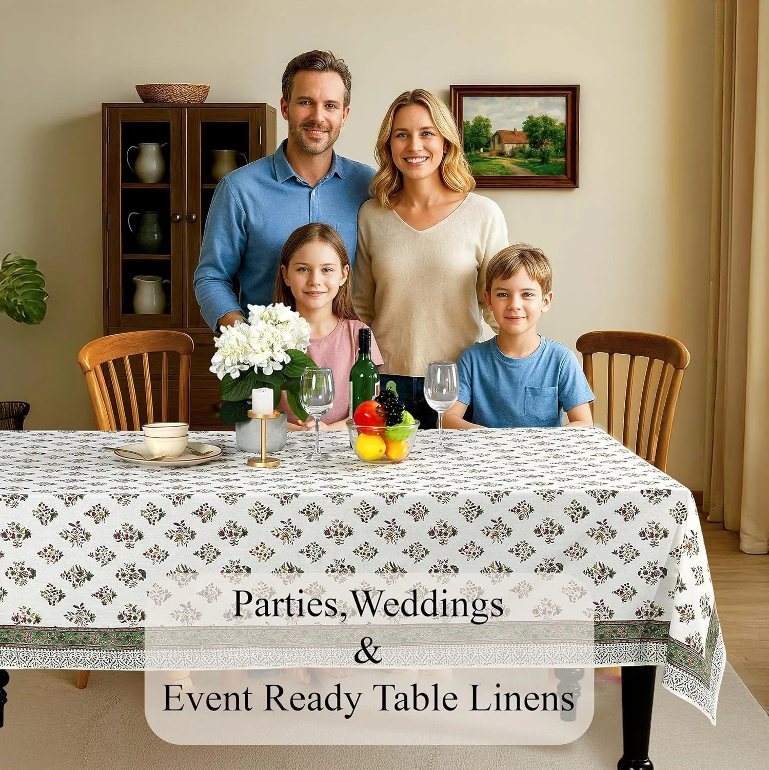 CPC Tablecloth 100% Cotton 70x108 Inch Indian Block Print Rectangle Table Cover, Green Table Cloth for Weddings, Spring/Summer Barbeque - Forest Green
