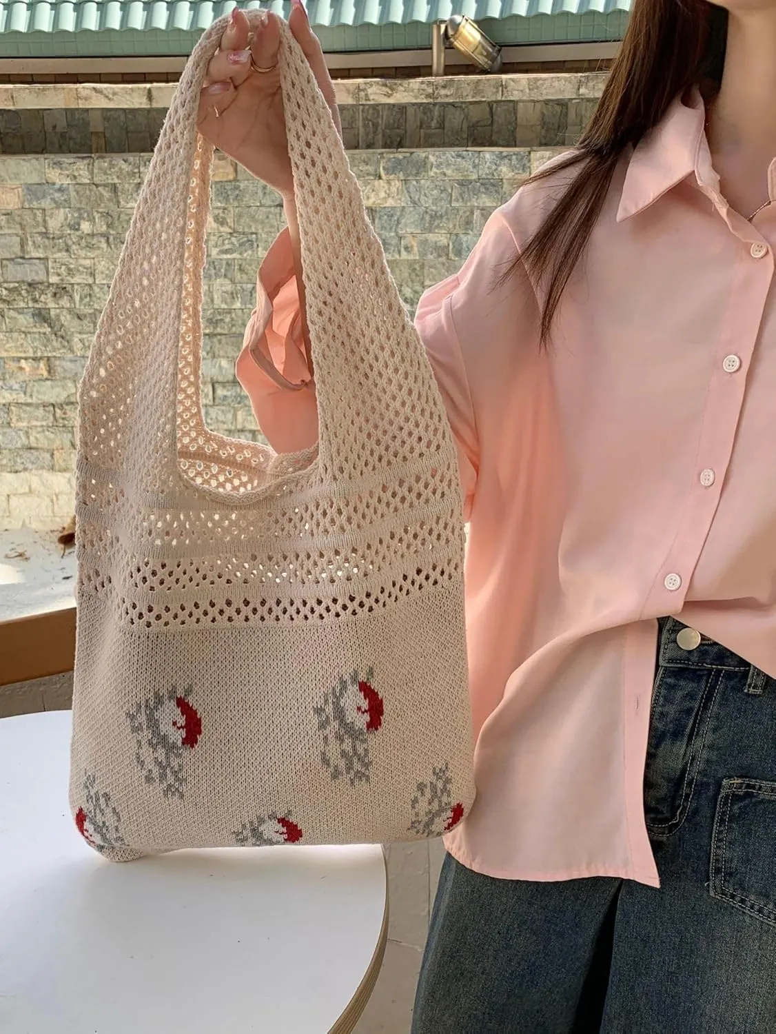 Crochet Tote Bag Women's Summer Aesthetic Mesh Beach Bags Knitting Handbags Cute