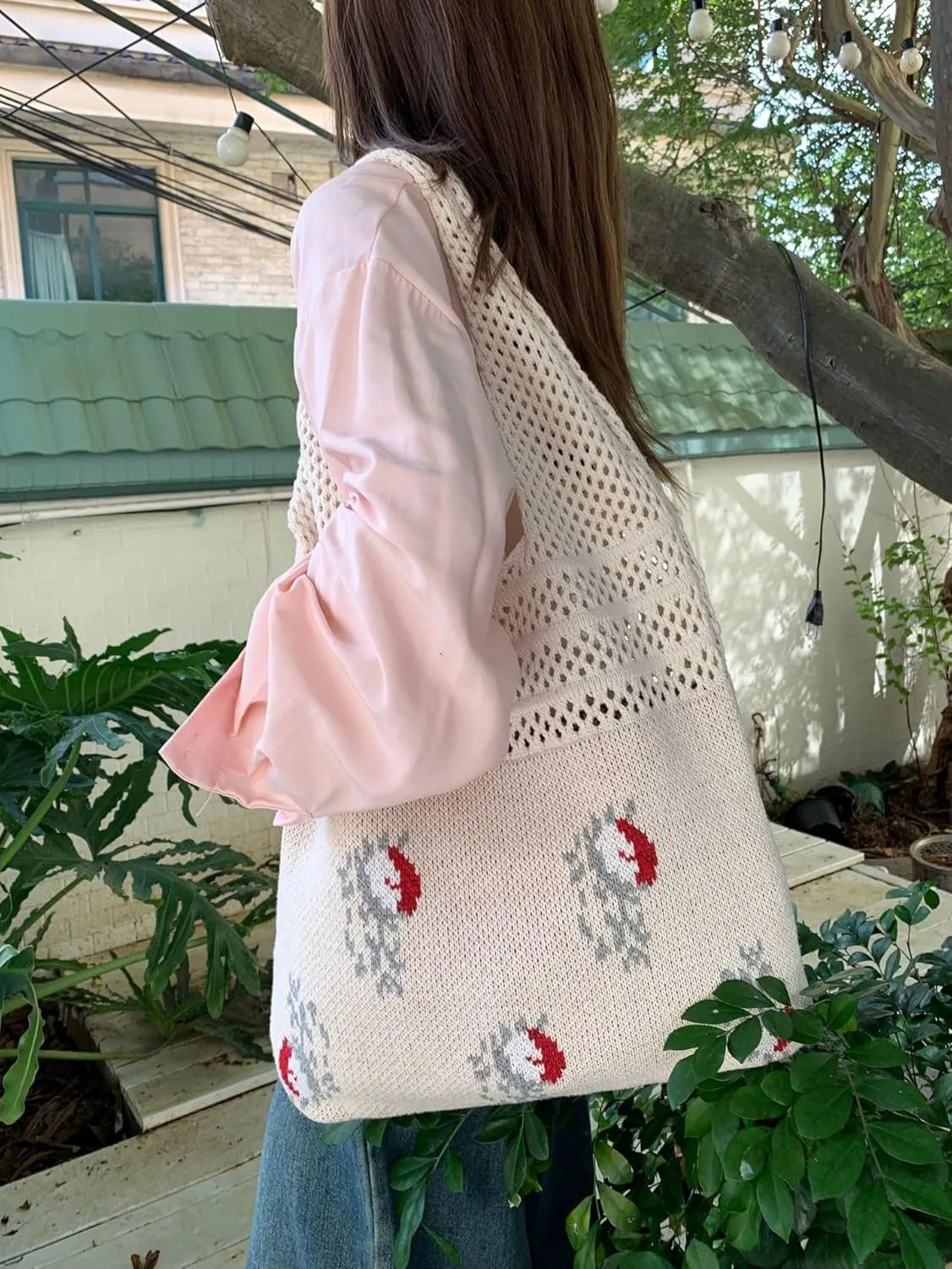 Crochet Tote Bag Women's Summer Aesthetic Mesh Beach Bags Knitting Handbags Cute