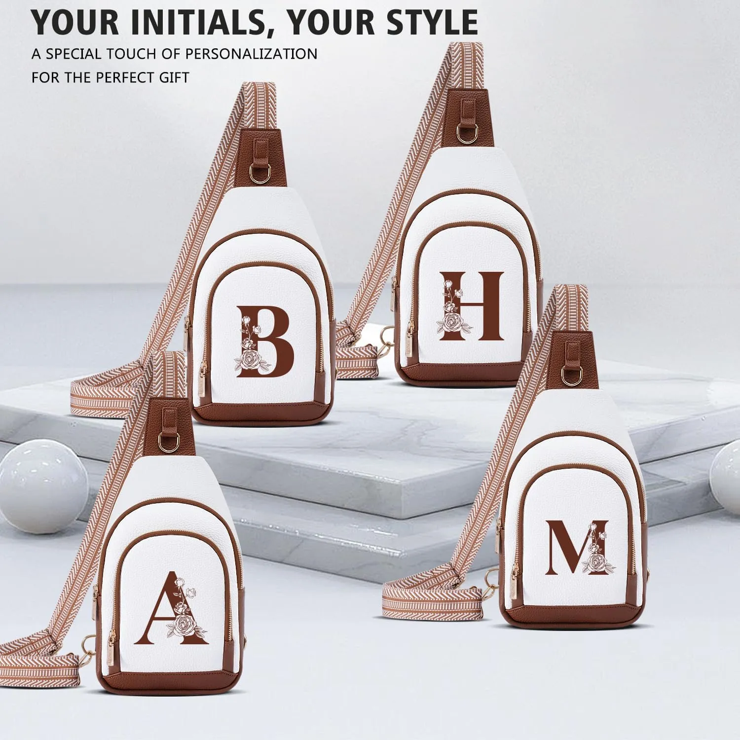 Crossbody Bag for Women Leather Sling Bags with Initial Letter Fanny Pack Chest Bag for Travel, Gift for Wife Mom