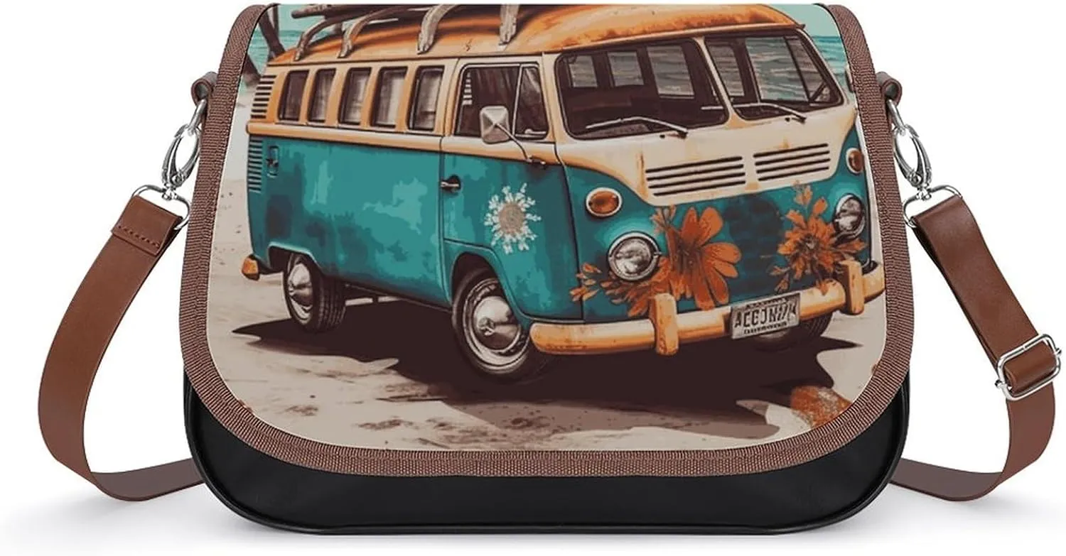 Crossbody Bags for Women Shoulder Bag Leather Handbag Old Bus with Surfboard Messenger Bag Office Work Bags