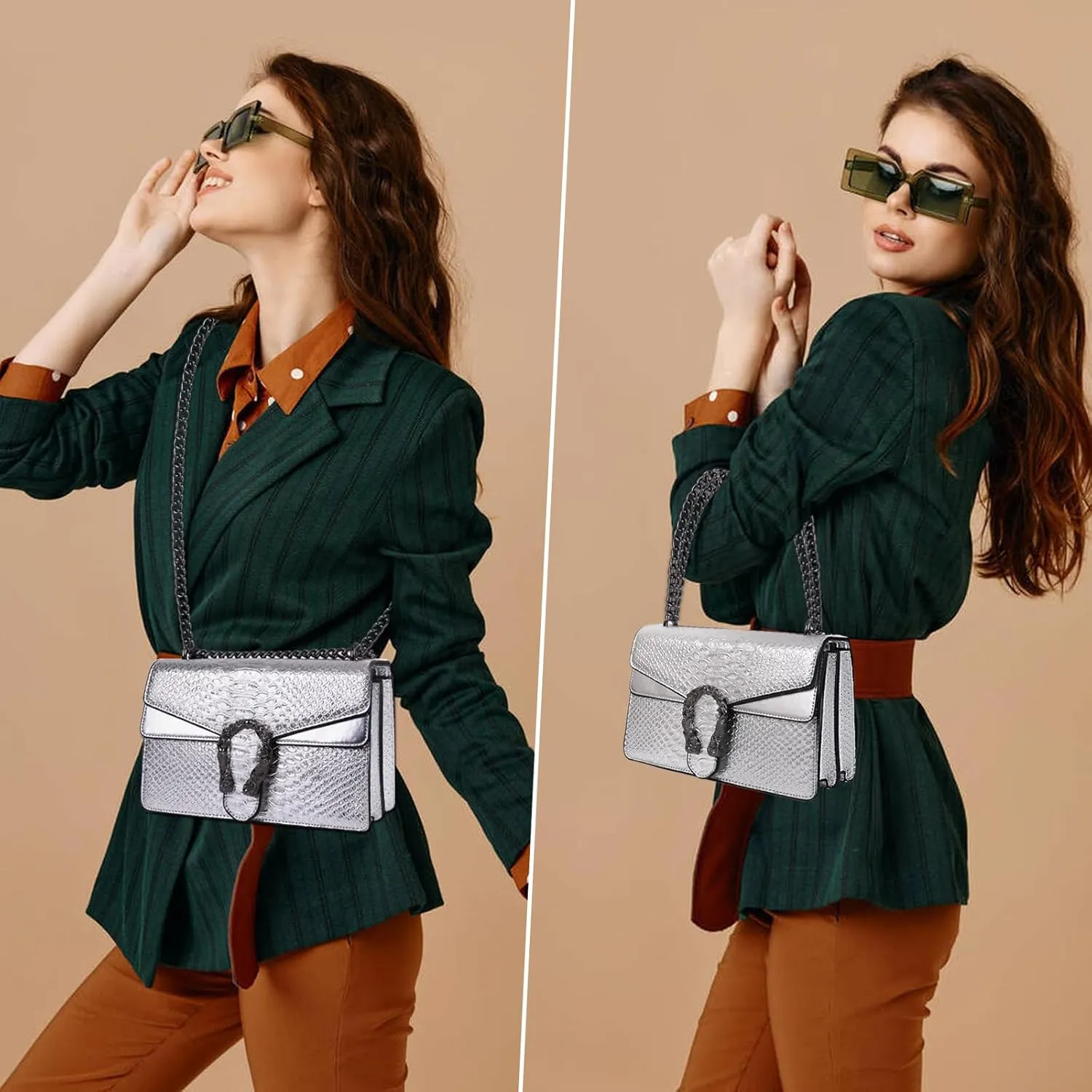 Crossbody Chain Purses for Women - Crocodile Snake Pattern Leather Shoulder Handbags Evening Clutch Satchel Bags