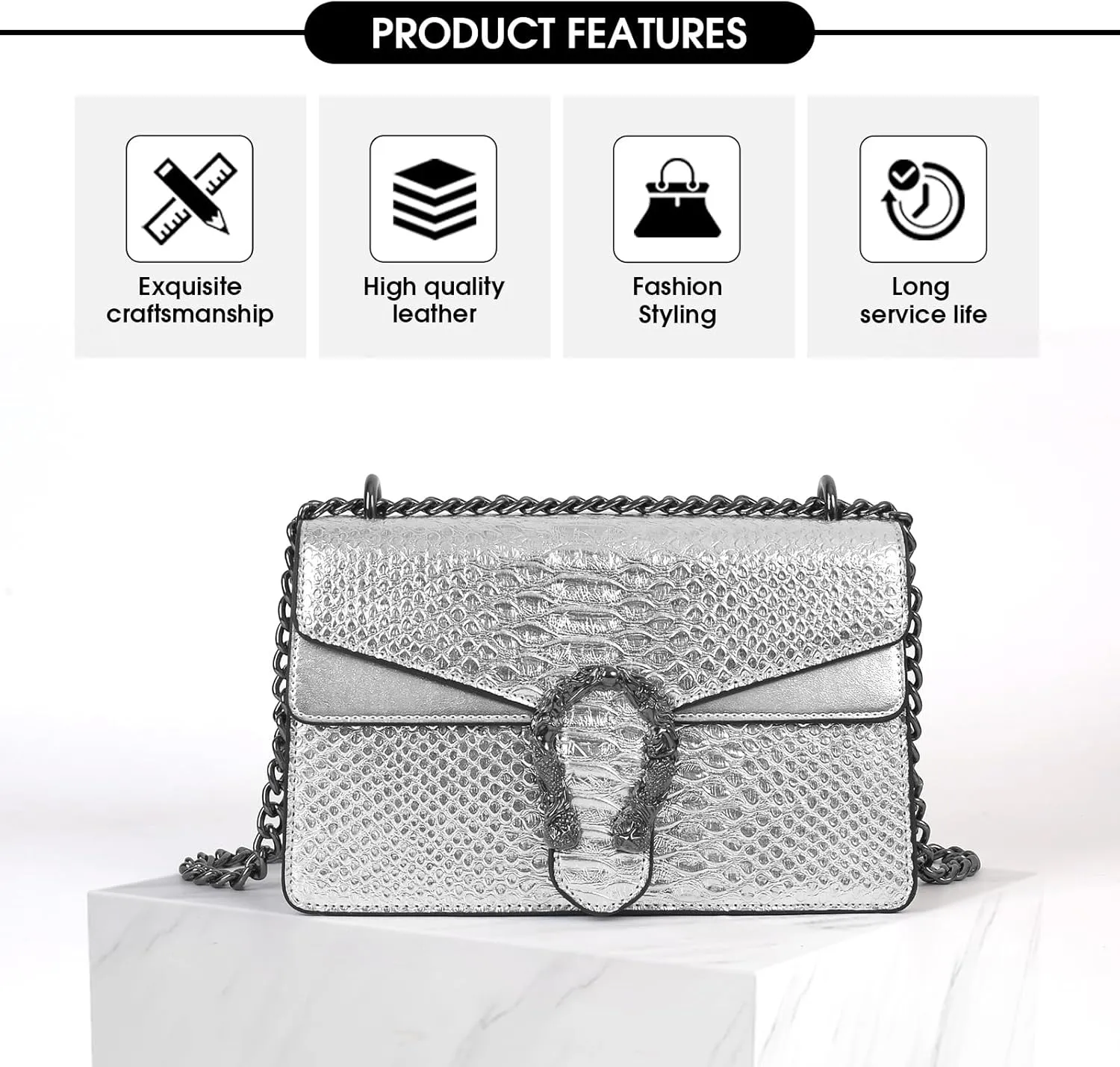 Crossbody Chain Purses for Women - Crocodile Snake Pattern Leather Shoulder Handbags Evening Clutch Satchel Bags