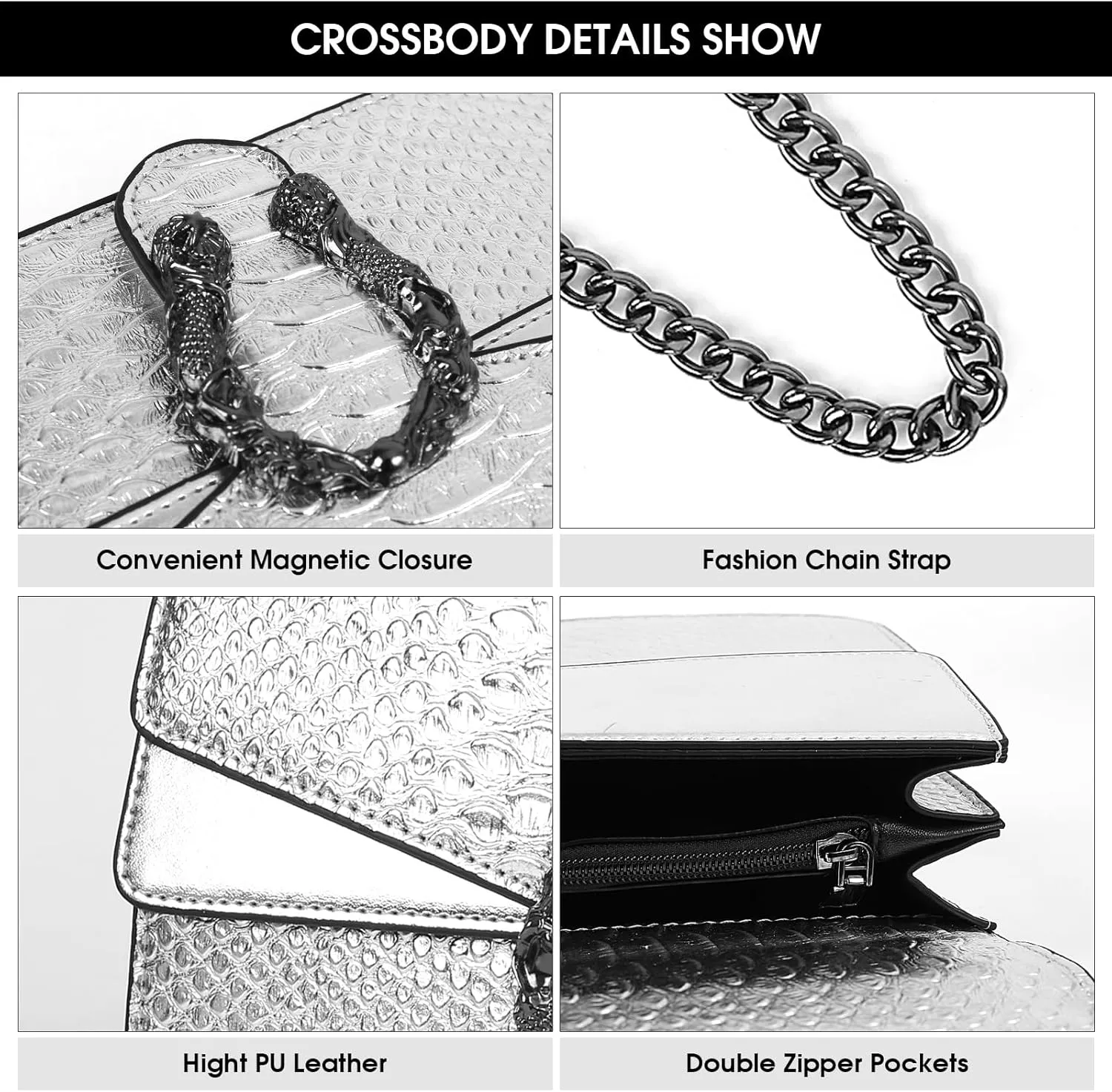 Crossbody Chain Purses for Women - Crocodile Snake Pattern Leather Shoulder Handbags Evening Clutch Satchel Bags