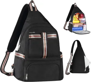 Crossbody Lunch Backpack, Double Deck Insulated Lunch Box for Men Women Adult, Leakproof Lunchbox with Side Pokets for iPad, Large Cooler Bag for Work Office Hiking Beach Picnic, Black-Pro