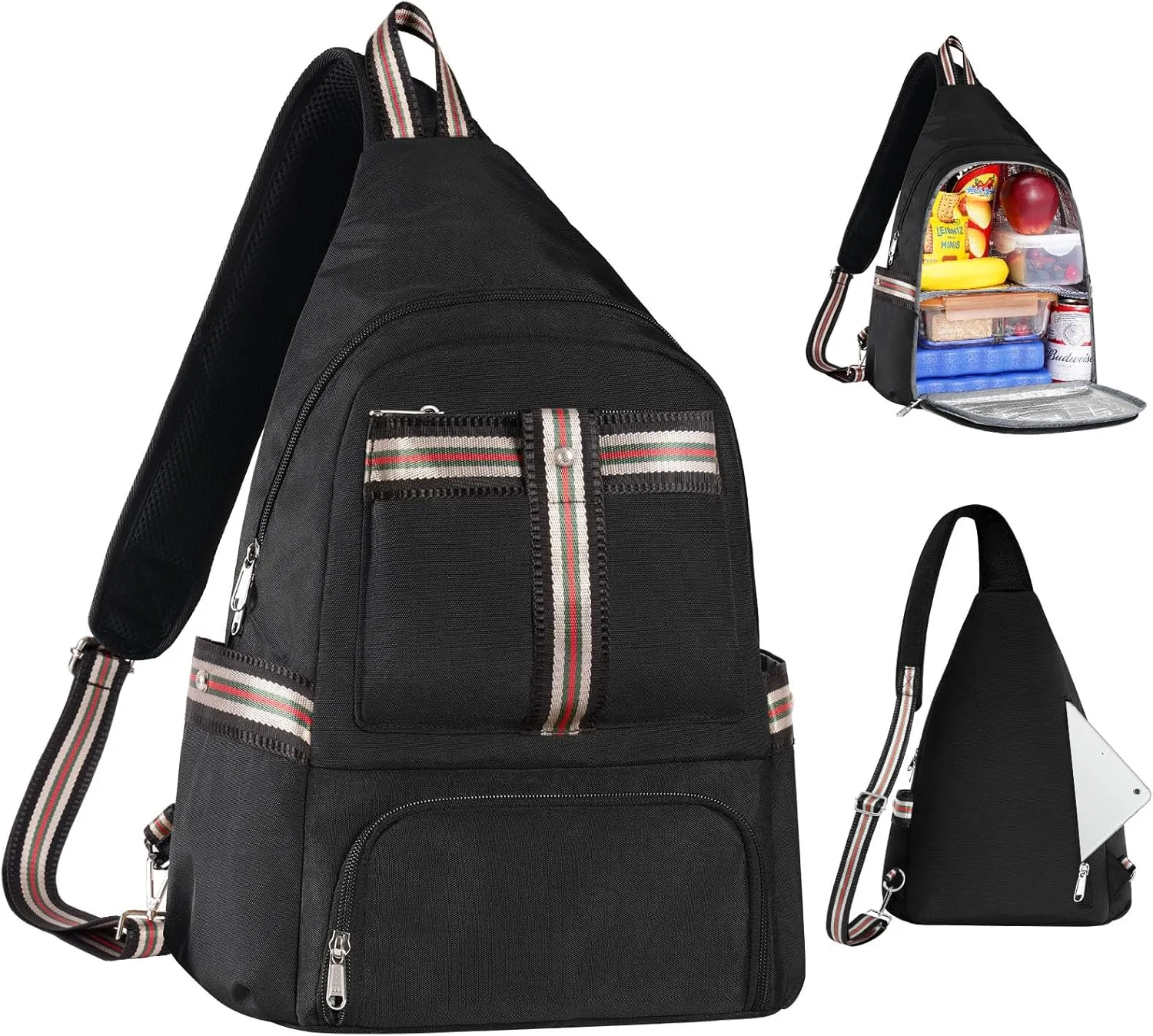 Crossbody Lunch Backpack, Double Deck Insulated Lunch Box for Men Women Adult, Leakproof Lunchbox with Side Pokets for iPad, Large Cooler Bag for Work Office Hiking Beach Picnic, Black-Pro