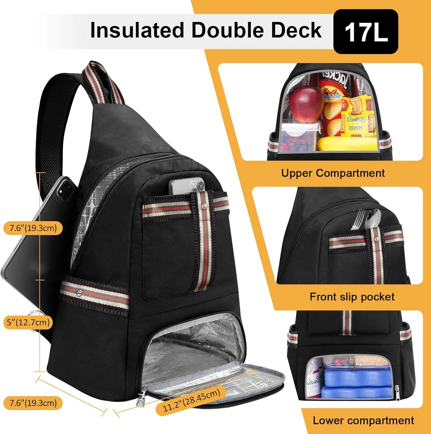 Crossbody Lunch Backpack, Double Deck Insulated Lunch Box for Men Women Adult, Leakproof Lunchbox with Side Pokets for iPad, Large Cooler Bag for Work Office Hiking Beach Picnic, Black-Pro