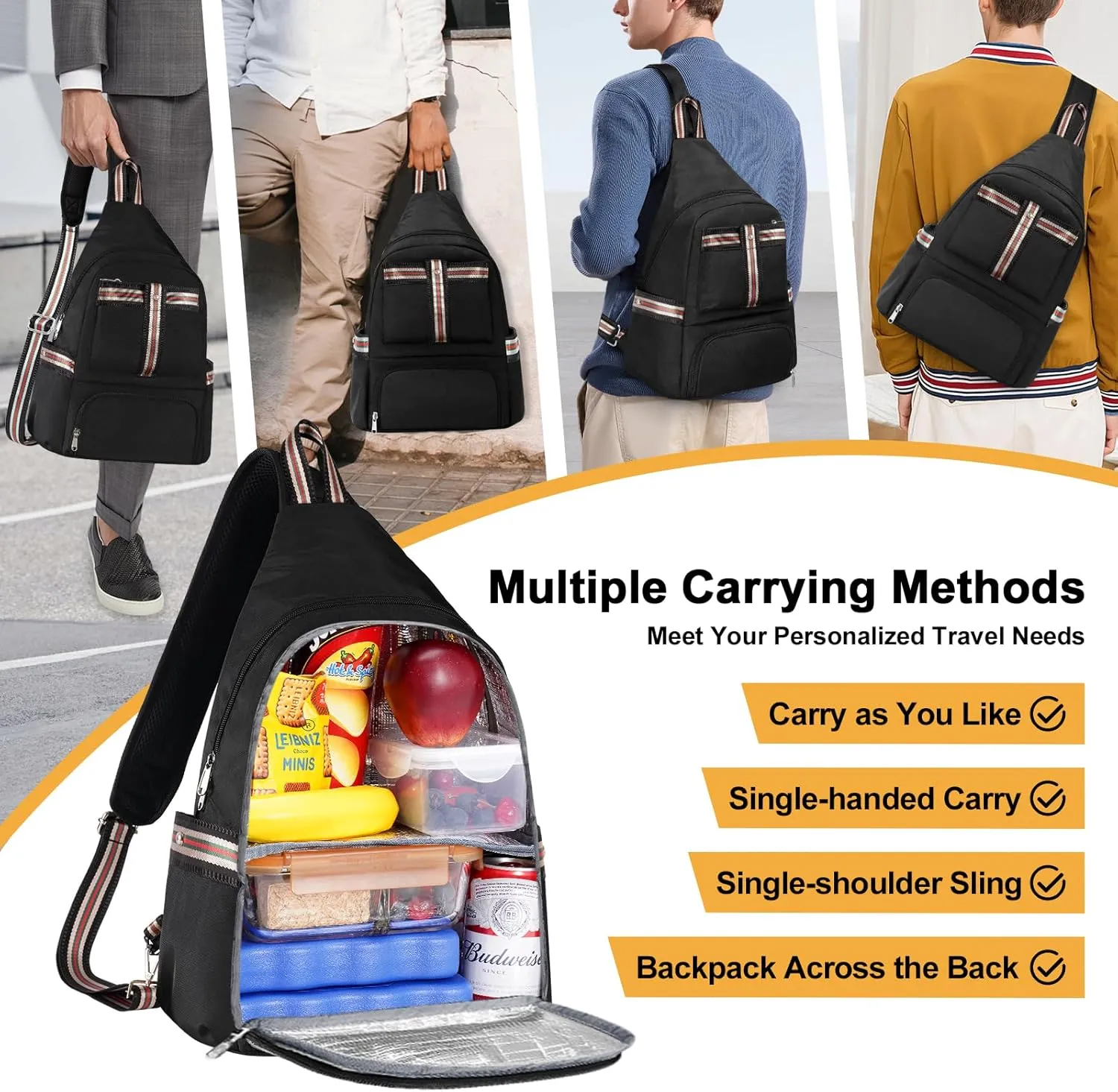 Crossbody Lunch Backpack, Double Deck Insulated Lunch Box for Men Women Adult, Leakproof Lunchbox with Side Pokets for iPad, Large Cooler Bag for Work Office Hiking Beach Picnic, Black-Pro