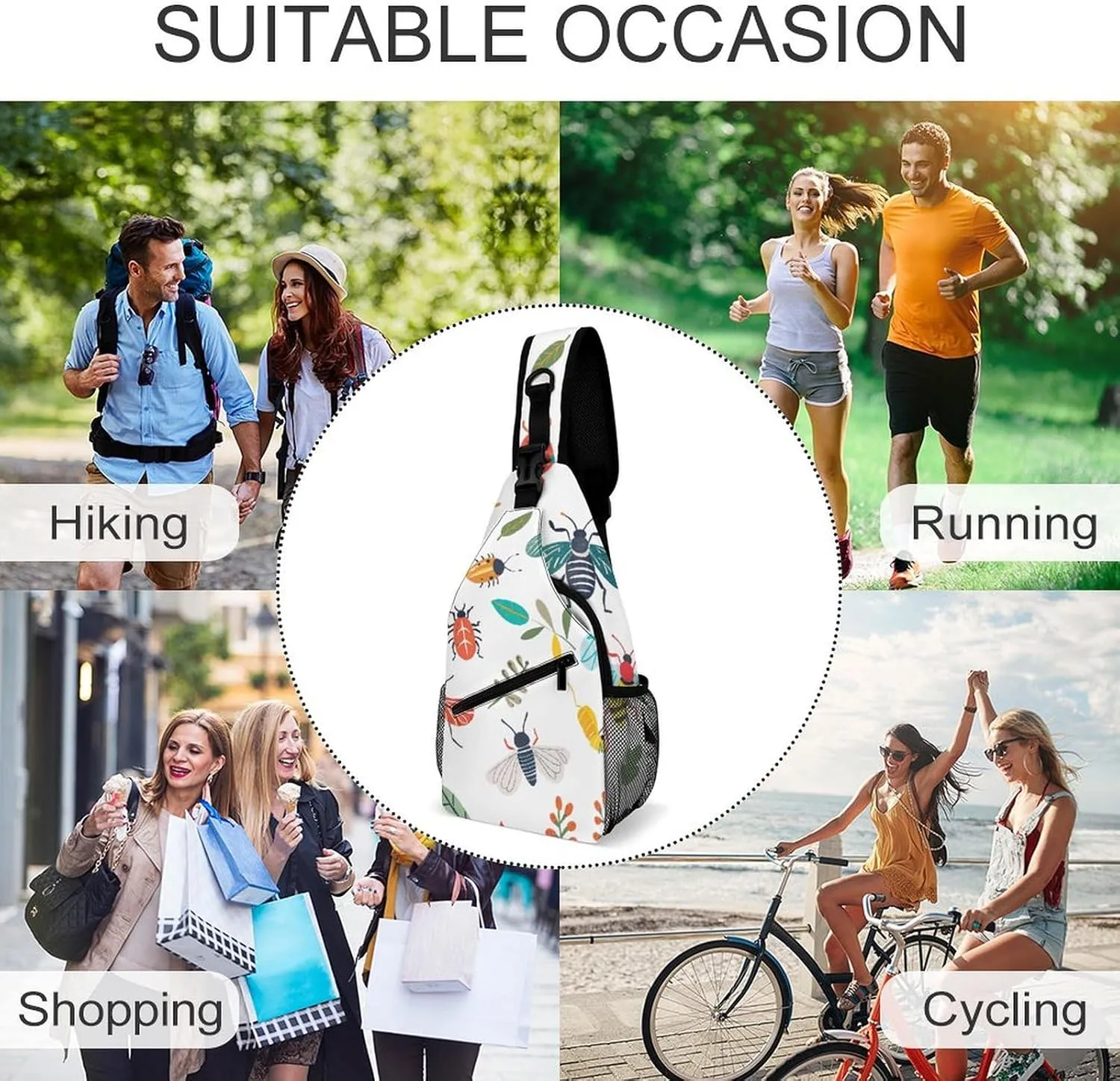 Crossbody Sling Bag Bright Insect Pattern Backpack Sling Bag Travel Hiking Chest Bag Shoulder Bag Daypack