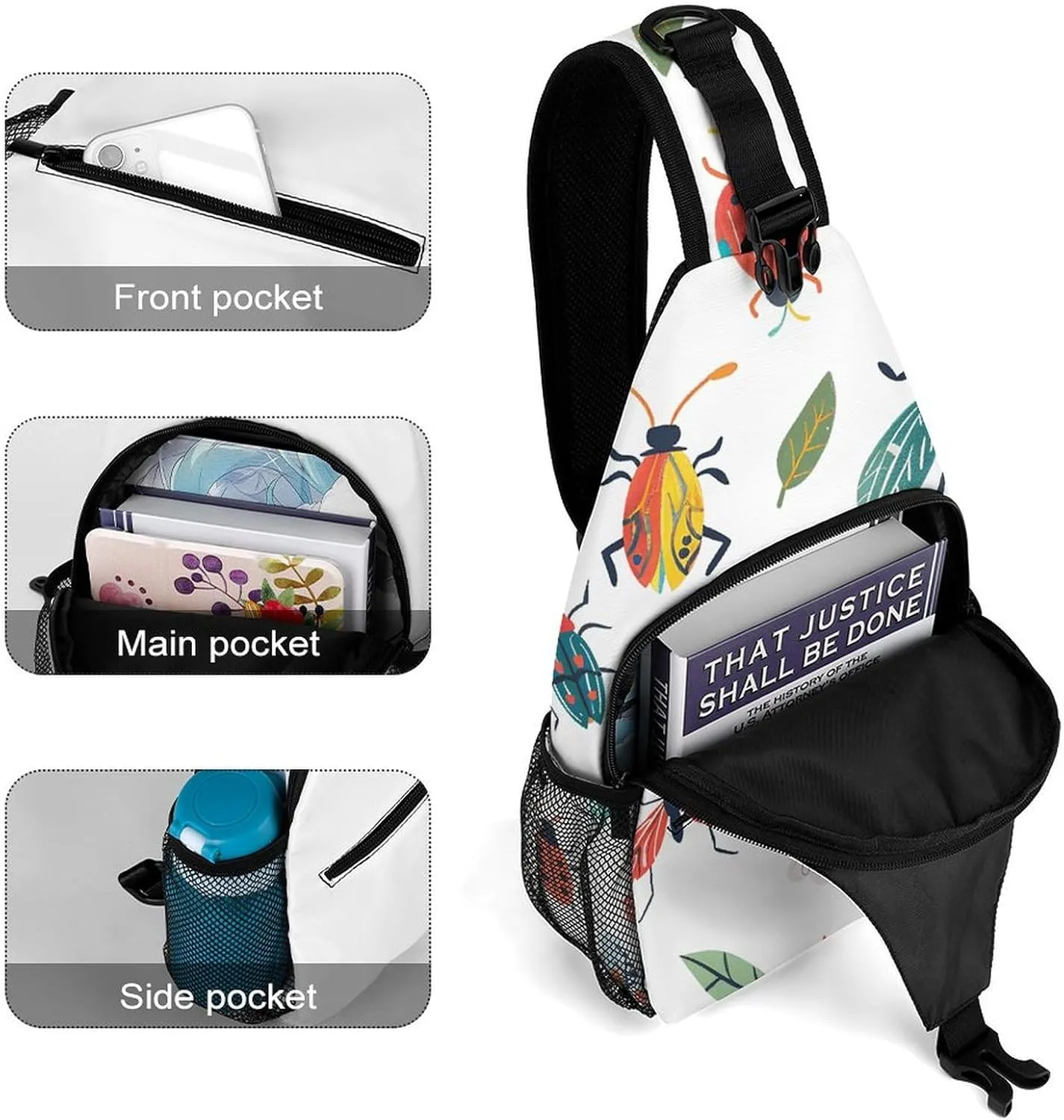 Crossbody Sling Bag Bright Insect Pattern Backpack Sling Bag Travel Hiking Chest Bag Shoulder Bag Daypack