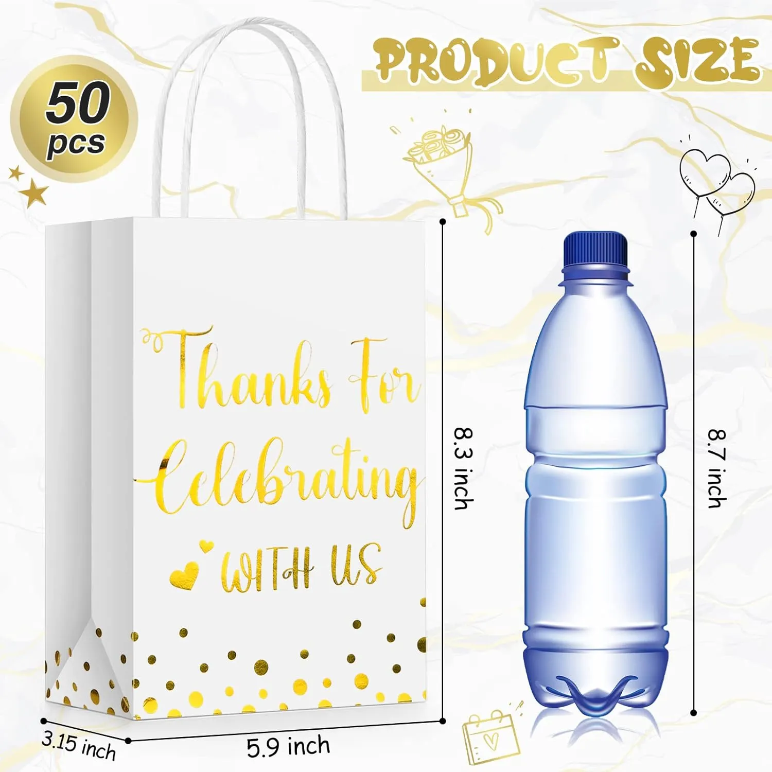 Ctosree 50 Pcs Wedding Gift Bag Thanks for Celebrating with Us Paper Bags Wedding Gift Bags with Handle for Hotel Guests Gift Bag for Bridal Shower Party Favors(White, Gold)