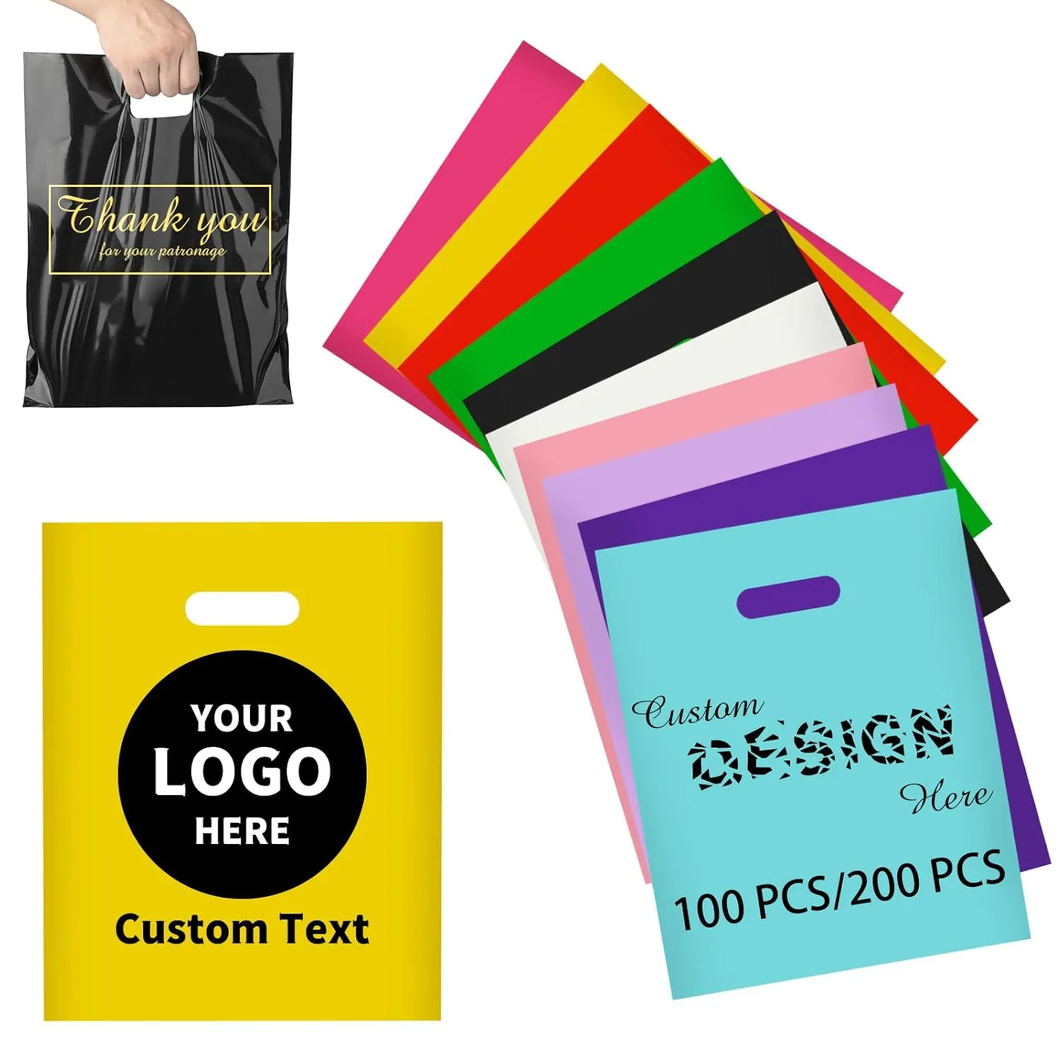 Custom Bags with Logo-Plastic Personalized Gifts Bags for Small Businesses, Clothing Stores, Boutiques, Supermarkets, Retailers, Party Events (100)