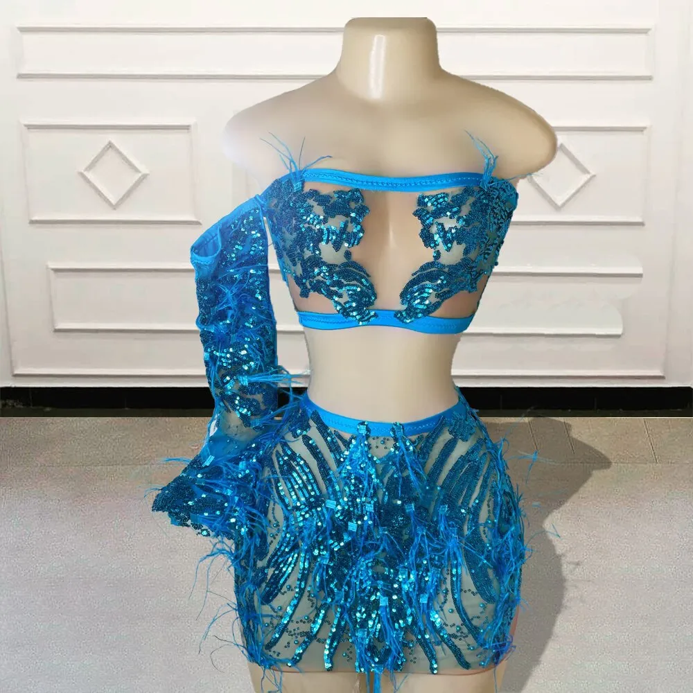 Custom Made Sexy Short Prom Dress for Birthday Party Sparkly Sequin Feather Single Sleeve Women Mini Cocktail Gowns