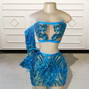Custom Made Sexy Short Prom Dress for Birthday Party Sparkly Sequin Feather Single Sleeve Women Mini Cocktail Gowns