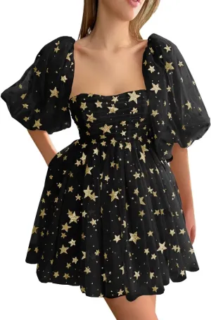 Custom Sparkly Starry Tulle Short Homecoming Dresses for Teens Glitter Star Mini Prom Dress Puffy Sleeve Formal Gown