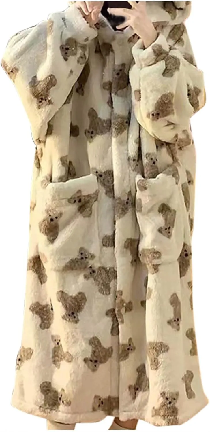 Cute Bear Hooded Plush Robes for Women Animal Print Soft Warm Fleece Long Bathrobe Ladies Teddy Loungewear Pockets
