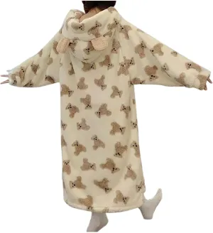 Cute Bear Hooded Plush Robes for Women Animal Print Soft Warm Fleece Long Bathrobe Ladies Teddy Loungewear Pockets