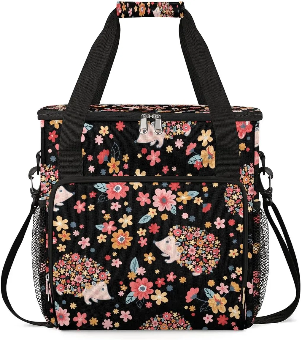 Cute Hedgehog Animal Flower Floral Coffee Maker Storage Bag, Travel Coffee Maker Carrying Storage Tote Bag Compatible with K-Mini or K-Mini Plus, Dustproof Tote Bag with Shoulder Strap for Women Men