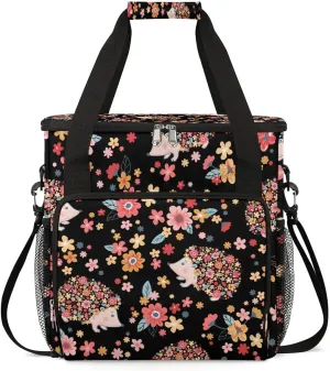 Cute Hedgehog Animal Flower Floral Coffee Maker Storage Bag, Travel Coffee Maker Carrying Storage Tote Bag Compatible with K-Mini or K-Mini Plus, Dustproof Tote Bag with Shoulder Strap for Women Men