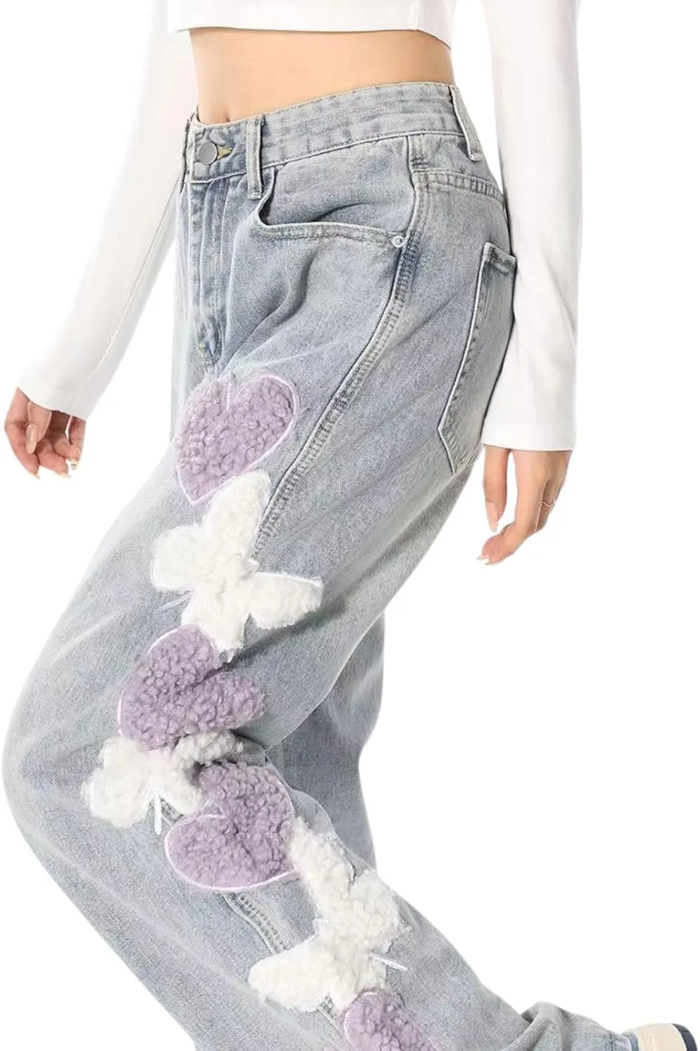 Cute Jeans for Women Girls Star Patchwork Pants Y2K High Waisted Straight Leg Baggy Jean Casual Preppy Clothes