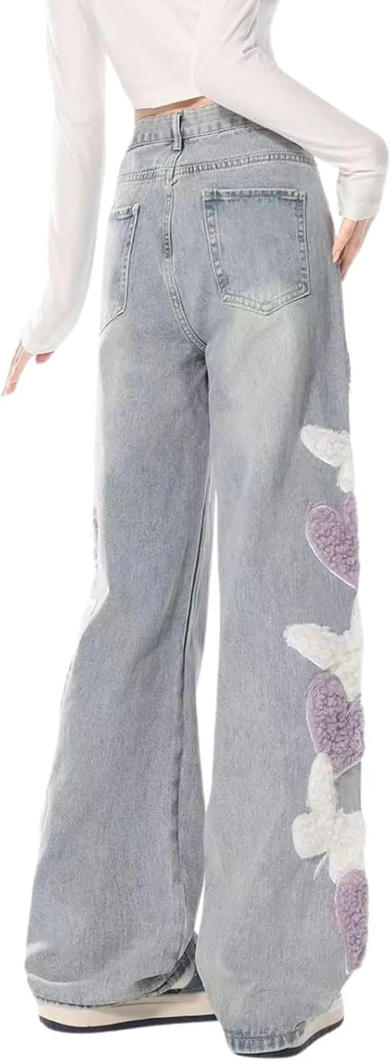Cute Jeans for Women Girls Star Patchwork Pants Y2K High Waisted Straight Leg Baggy Jean Casual Preppy Clothes