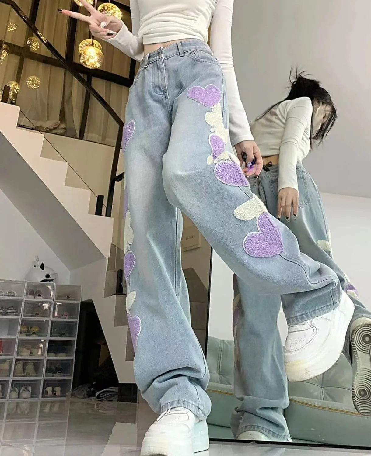 Cute Jeans for Women Girls Star Patchwork Pants Y2K High Waisted Straight Leg Baggy Jean Casual Preppy Clothes