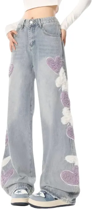 Cute Jeans for Women Girls Star Patchwork Pants Y2K High Waisted Straight Leg Baggy Jean Casual Preppy Clothes