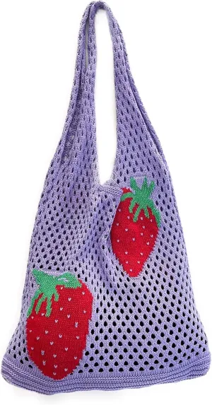 Cute Strawberry Pattern Tote Bag Crochet Tote Bag Shoulder Bag Handbags Knitting Bag Aesthetic Handmade Weaving