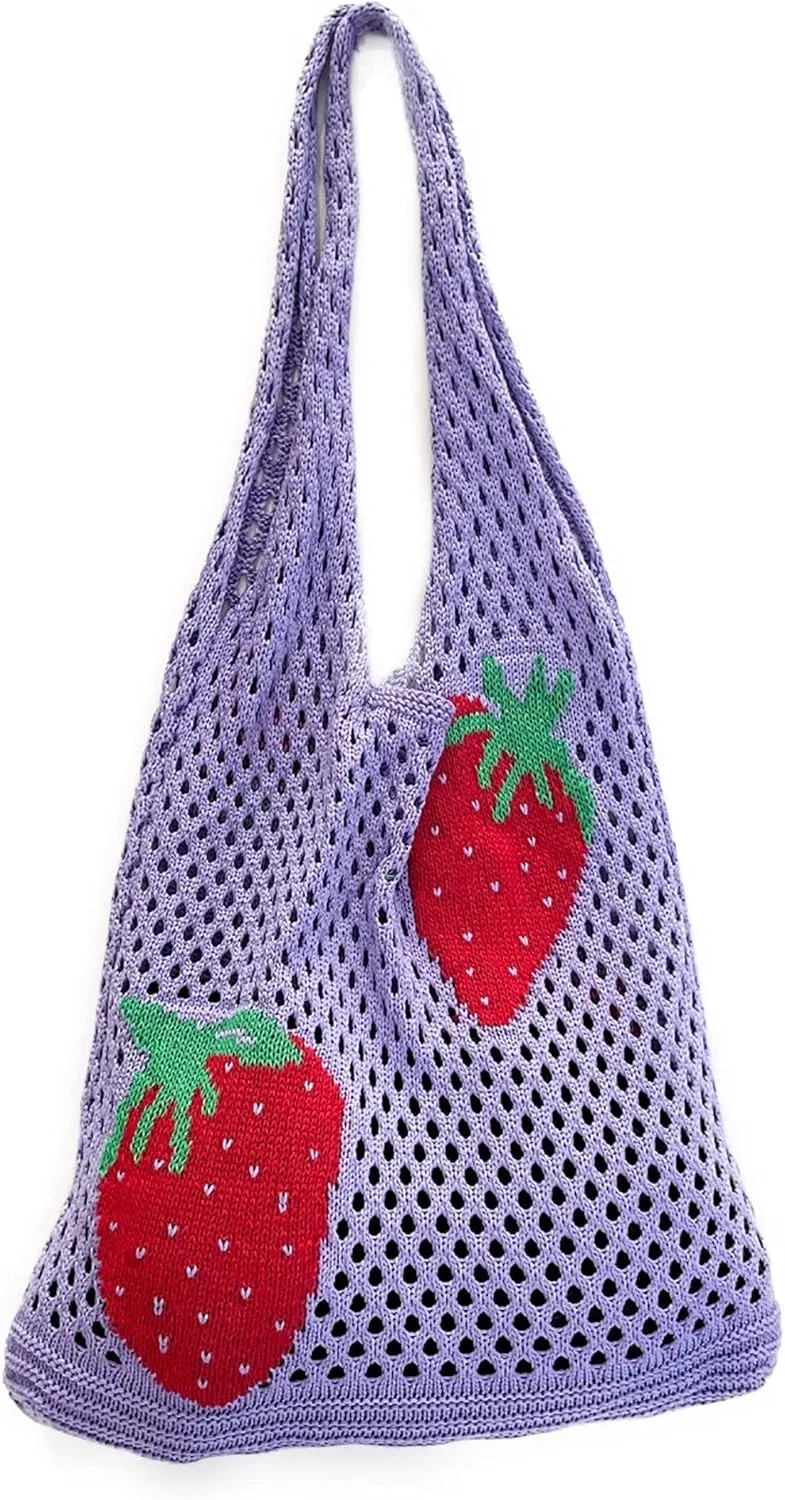 Cute Strawberry Pattern Tote Bag Crochet Tote Bag Shoulder Bag Handbags Knitting Bag Aesthetic Handmade Weaving