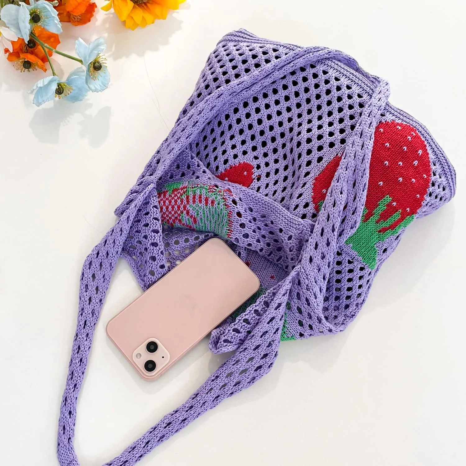 Cute Strawberry Pattern Tote Bag Crochet Tote Bag Shoulder Bag Handbags Knitting Bag Aesthetic Handmade Weaving