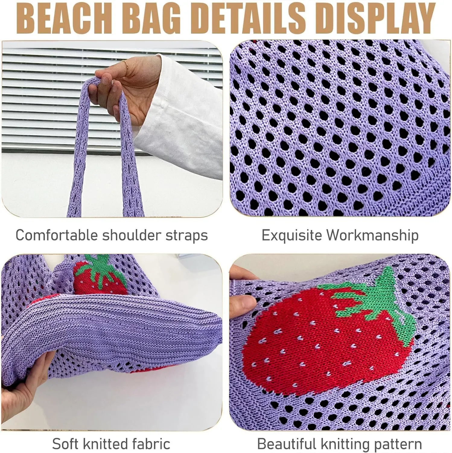 Cute Strawberry Pattern Tote Bag Crochet Tote Bag Shoulder Bag Handbags Knitting Bag Aesthetic Handmade Weaving