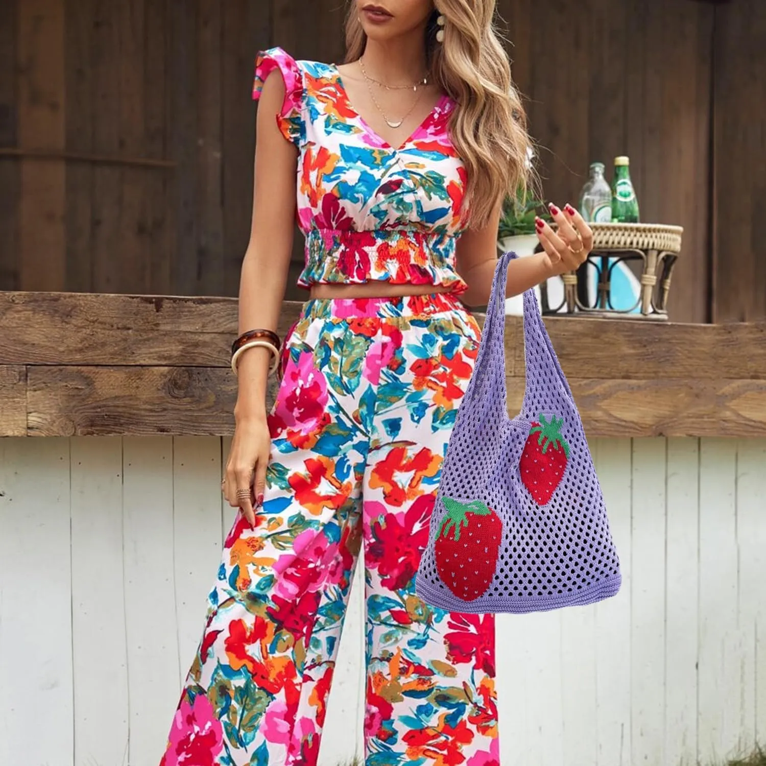 Cute Strawberry Pattern Tote Bag Crochet Tote Bag Shoulder Bag Handbags Knitting Bag Aesthetic Handmade Weaving