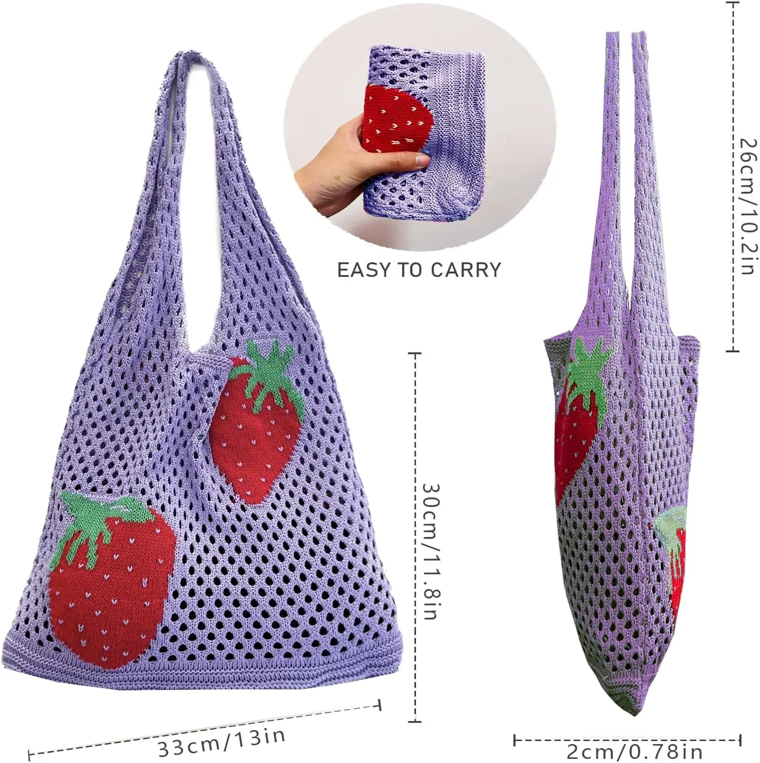 Cute Strawberry Pattern Tote Bag Crochet Tote Bag Shoulder Bag Handbags Knitting Bag Aesthetic Handmade Weaving