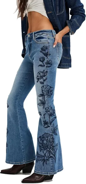 D-Sun Women Embroidered Flare Jeans Casual Mid Rise Vintage Inspired Fashion Denim Jeans Pants with Pockets