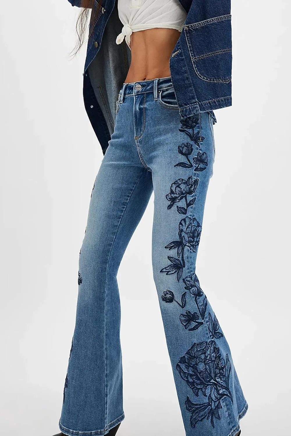 D-Sun Women Embroidered Flare Jeans Casual Mid Rise Vintage Inspired Fashion Denim Jeans Pants with Pockets