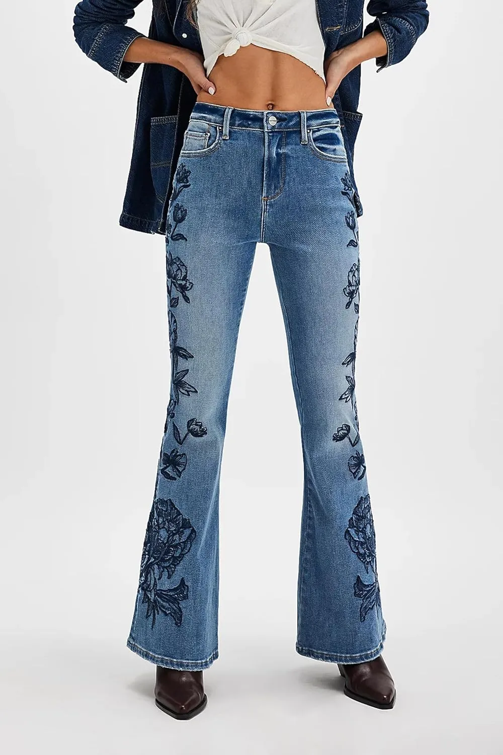 D-Sun Women Embroidered Flare Jeans Casual Mid Rise Vintage Inspired Fashion Denim Jeans Pants with Pockets
