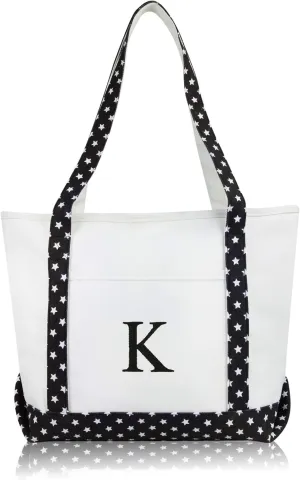 DALIX 20" K-Initial Tote Bag Monogrammed Cotton Canvas in Black Star