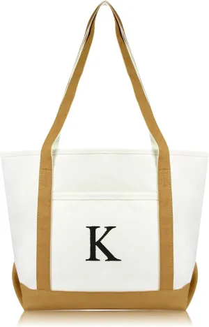 DALIX 20" K-Initial Tote Bag Monogrammed Cotton Canvas in Brown