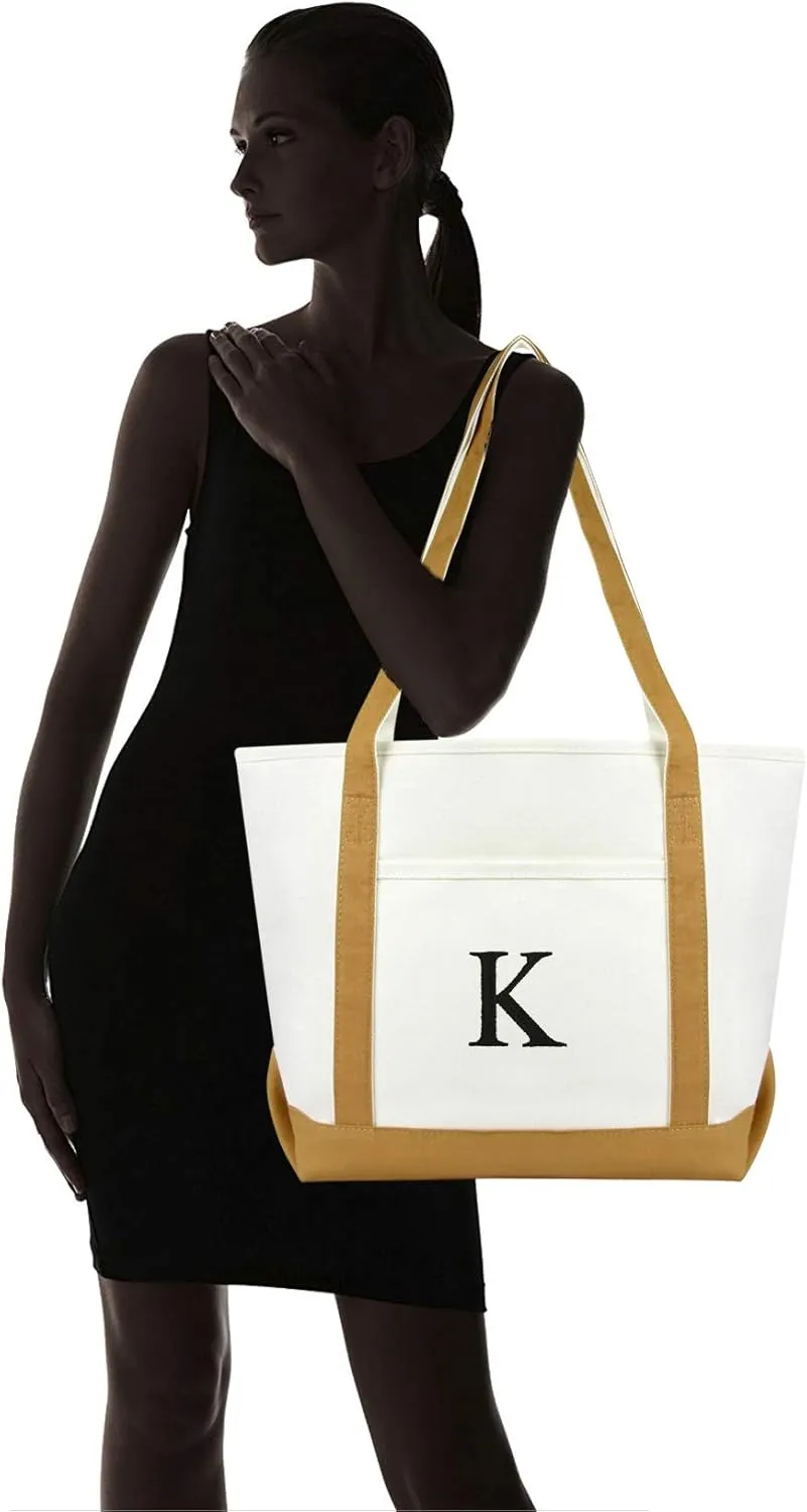 DALIX 20" K-Initial Tote Bag Monogrammed Cotton Canvas in Brown