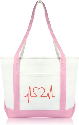 DALIX Heartbeat Embroidered Premium Cotton Canvas RN Nurse Tote Bag in Pink