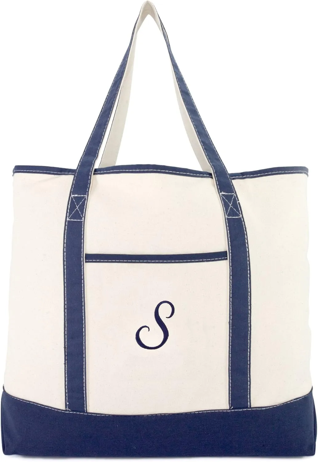 DALIX Personalized Tote Bag For Women Monogram Initial Open Top Navy Blue A-Z
