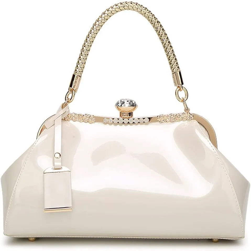 Dayfine Handbags for Women Glossy Patent Leather Top Handle Purse Crystal Buckle Satchel Bag Evening Tote Bags Shoulder Bag