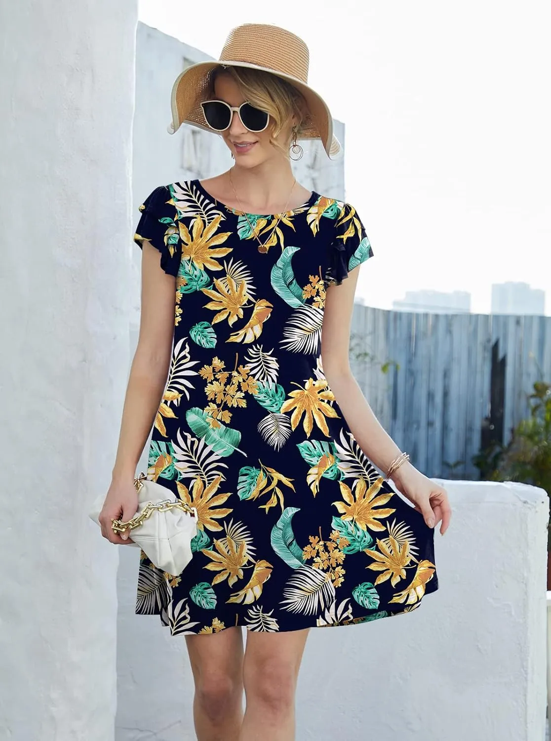 DB MOON Women 2025 Mini Dresses Summer Casual Ruffle Short Sleeve Cute Crew Neck Flowy Dress with Pockets
