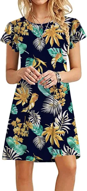 DB MOON Women 2025 Mini Dresses Summer Casual Ruffle Short Sleeve Cute Crew Neck Flowy Dress with Pockets