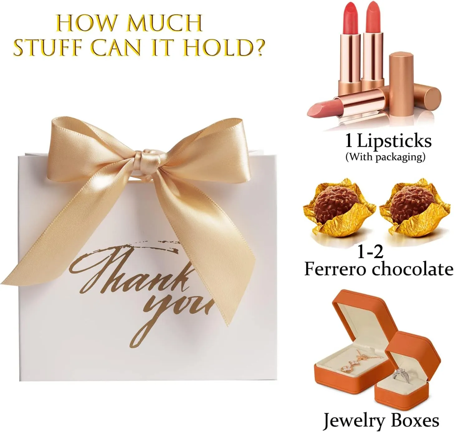 DECHISY 24Pack Small Thank You Party Favor Bags Treat Boxes with Gold Bow Ribbon, White Paper Gift Bags Bulk for Wedding Baby Shower Business Supplies
