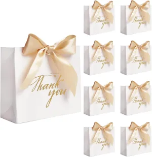 DECHISY 24Pack Small Thank You Party Favor Bags Treat Boxes with Gold Bow Ribbon, White Paper Gift Bags Bulk for Wedding Baby Shower Business Supplies