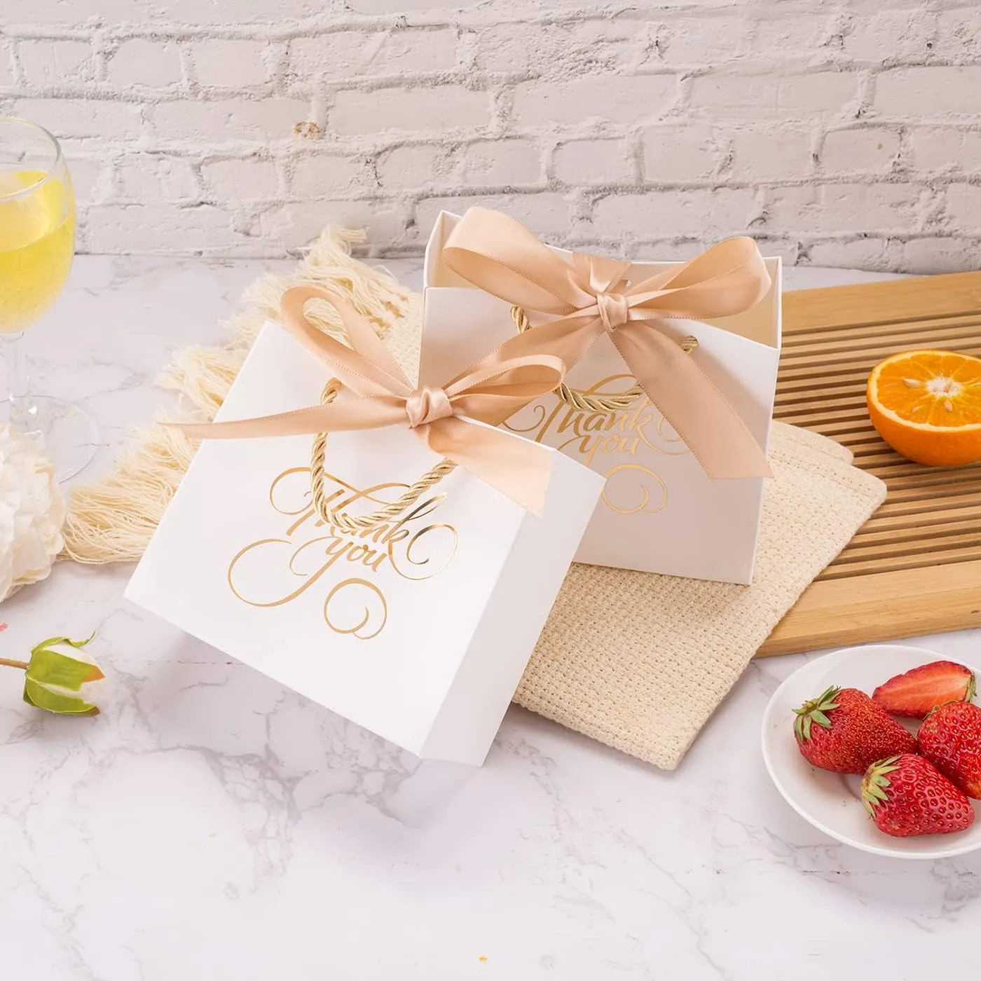 DECHISY 50 Pack Small Thank You Bags with Handles, 5.5 x 2.5 x 4.7 Inch, White Gift Bags for Bridal Shower, Birthday Party, Baby Shower, Wedding