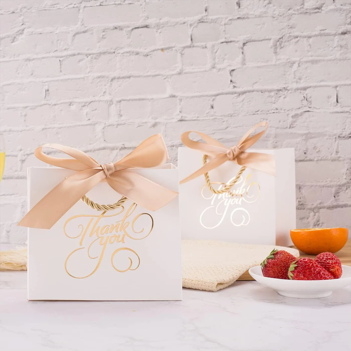 DECHISY 50 Pack Small Thank You Bags with Handles, 5.5 x 2.5 x 4.7 Inch, White Gift Bags for Bridal Shower, Birthday Party, Baby Shower, Wedding